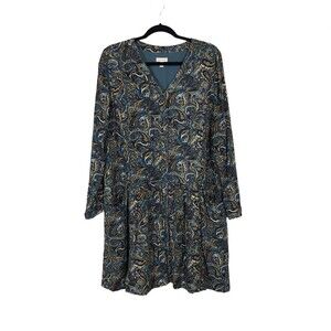 Garnet Hill Women's Size 12 Drop Waist Button Up Long Sleeve Teal Paisley Dress